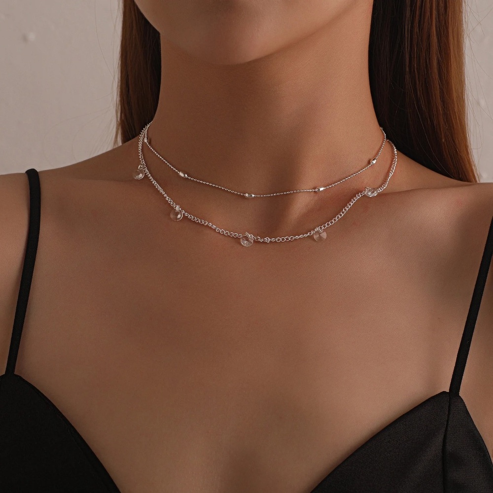 Dainty Double Satellite Chain Crystal Choker Necklace, Gold /Silver Choker